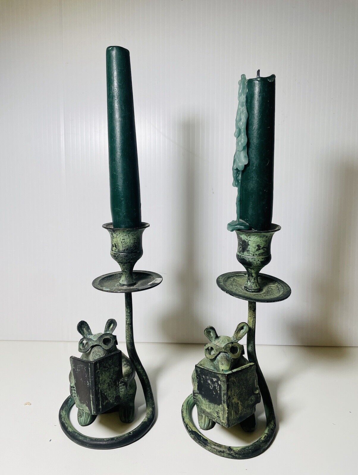 Pair of Vintage Green Brass Candlestick Reading Mouse 6”