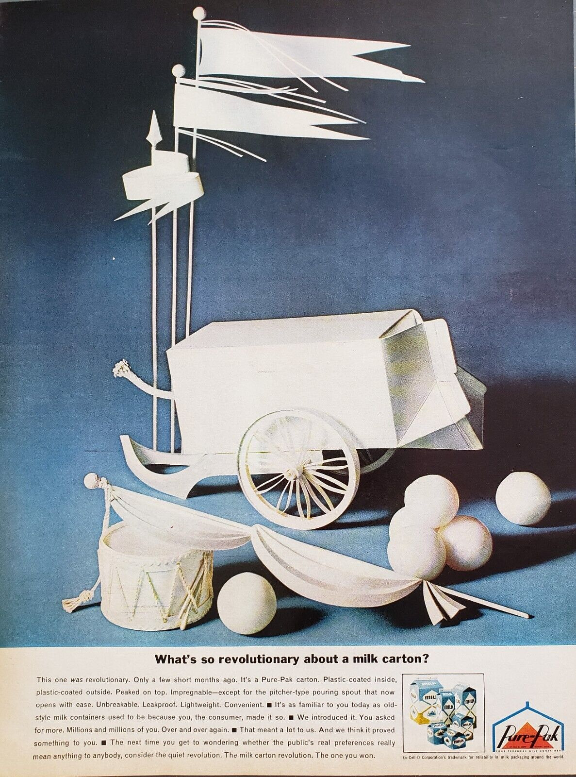 1963 Pure-Pak Milk Carton Plastic Coated Inside Drum Eggs Flags Print Ad