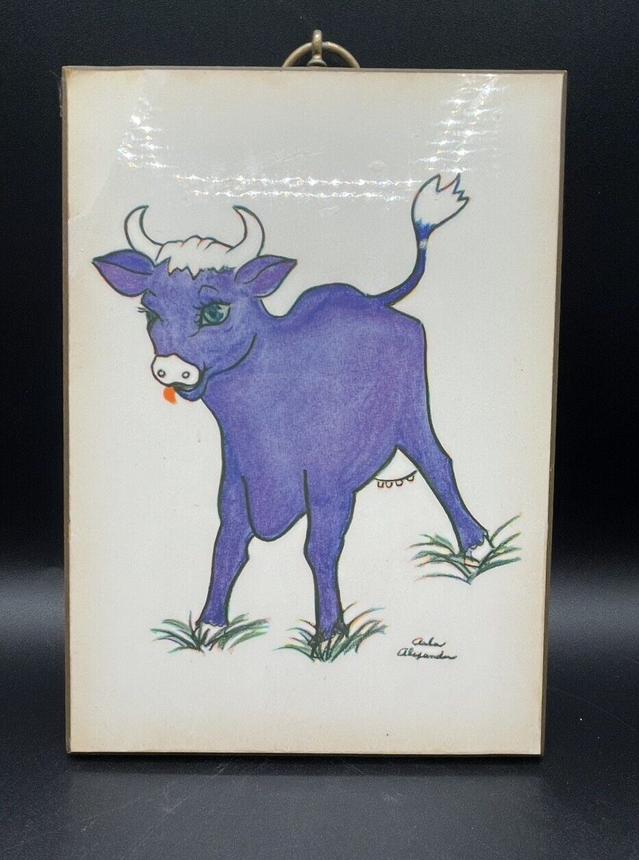 Vintage Small Purple Cow Plaque Signed Arla Alexander Kentucky Artist
