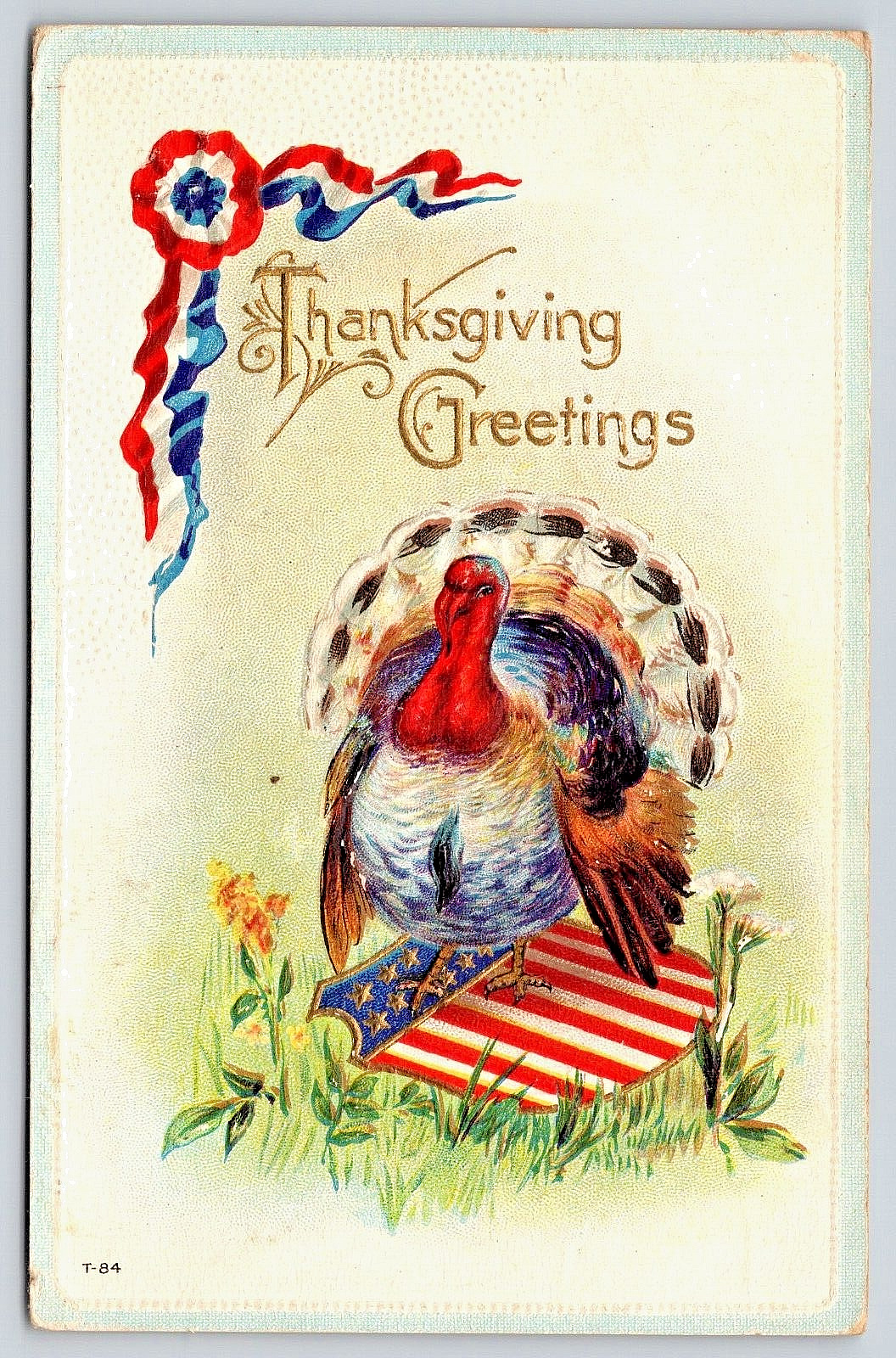 Postcard 1917 Thanksgiving Greetings Patriotic Flag Turkey Embossed A18