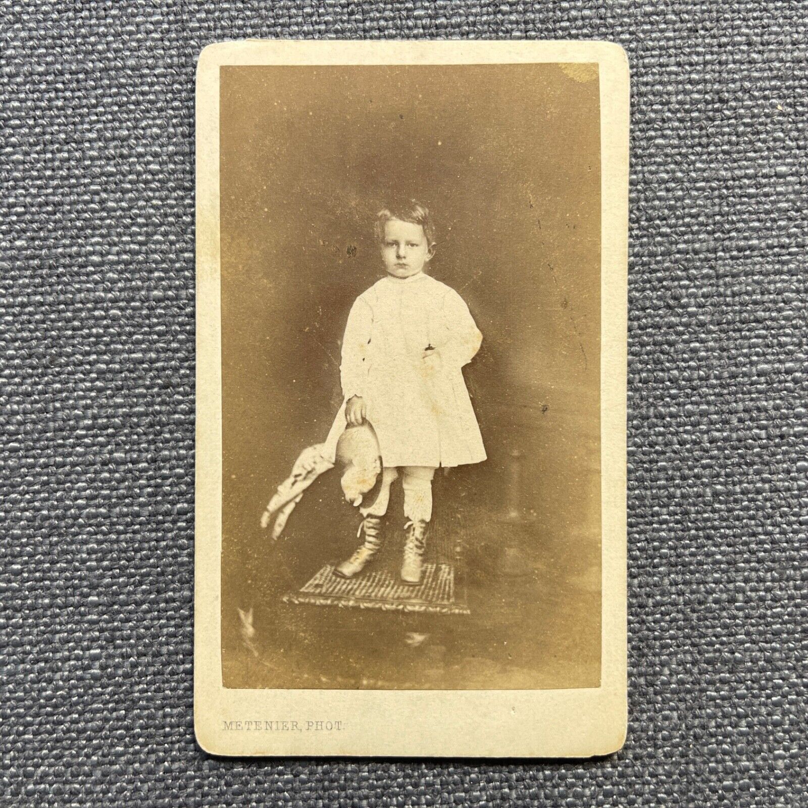 CDV Photo Antique Portrait Young Child in White Gown Boots Holding a Hat France