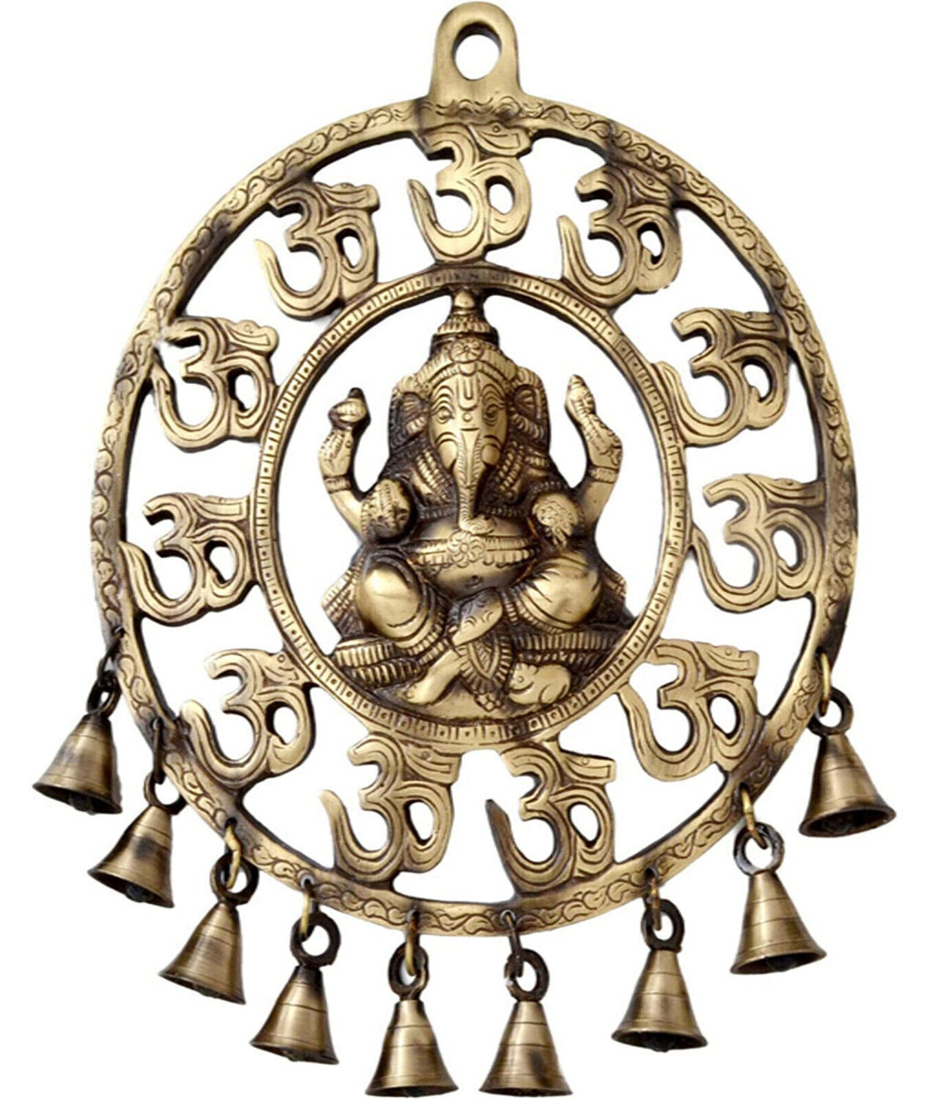 Indian Traditional Handcrafted Brass Om Ganesha Wall Hanging with Bells 8 x 10