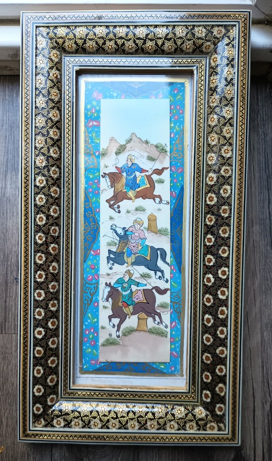 Persian Camel Bone Painting Art Khatam inlay inlaid Wood Frame Hunting Horse