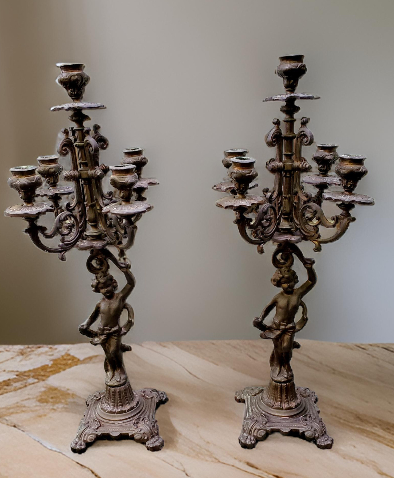 Antique Matching Pair Cherub Putti Brass Candelabras Holds FIVE Candles Each