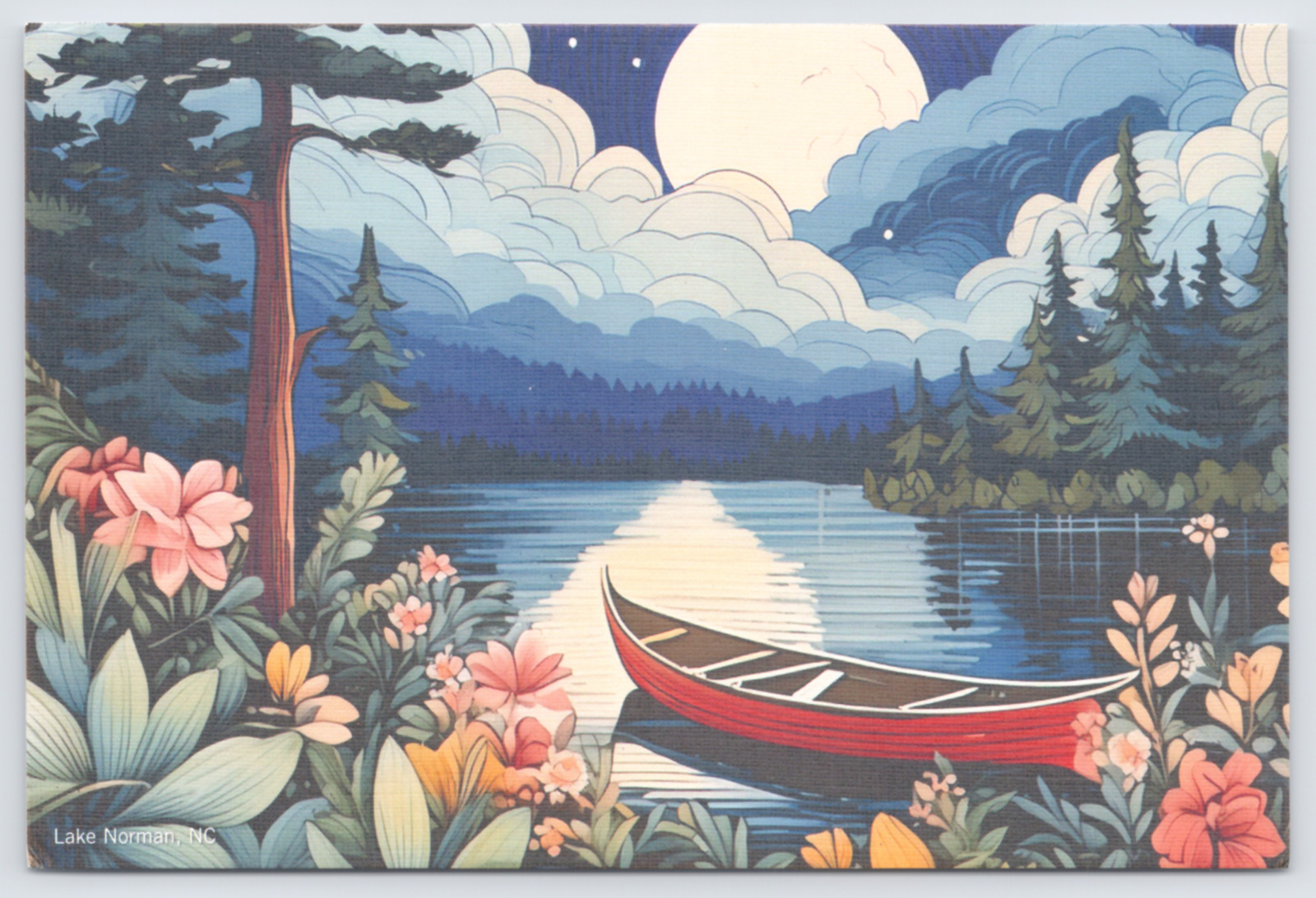 Night View of Lake Norman NC, NEW MODERN Postcard, Botanicals Moon Canoe Flowers