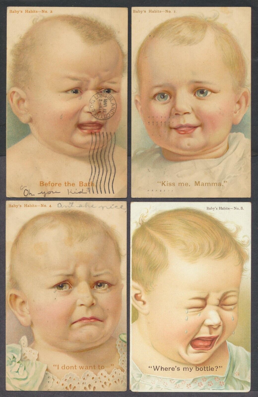 Pre-1910 Baby's Habits series 4 artist drawn picture postcards