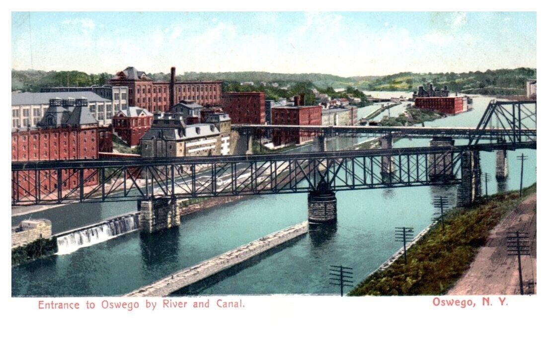 Entrance to OSWEGO river and canal Oswego, NY bridges - Postcard