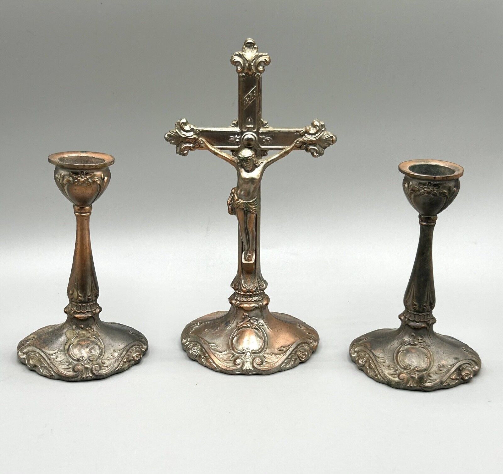 Antique J.B. Jennings Brothers Altar Cross Crucifix And Candle Sticks