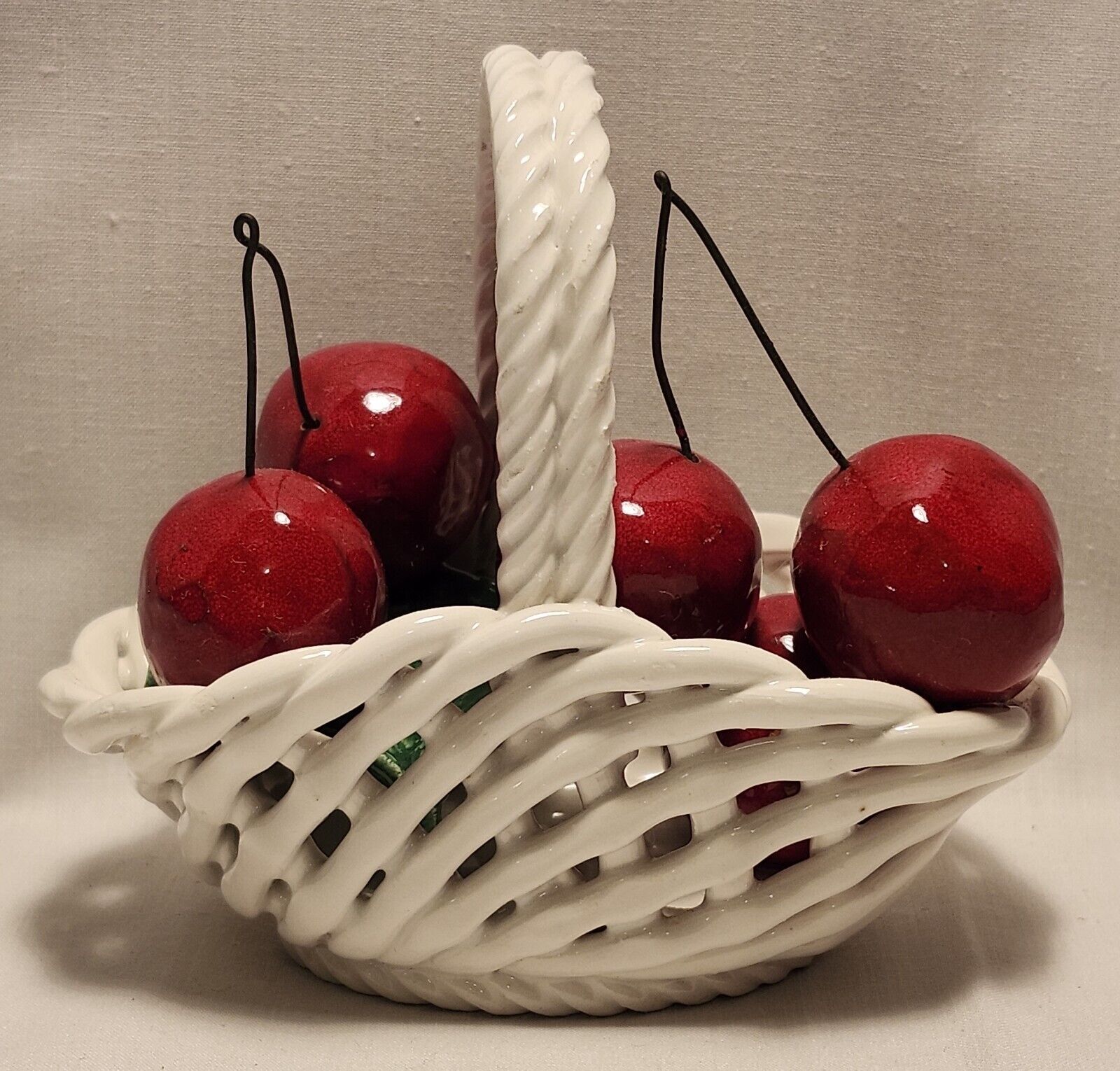 Italian Ceramic Handcrafted Woven Basket With Cherries 4\