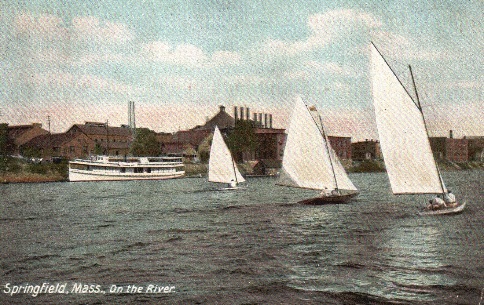 Postcard MA Springfield Massachusetts On the River Sailboats Vintage PC f7510