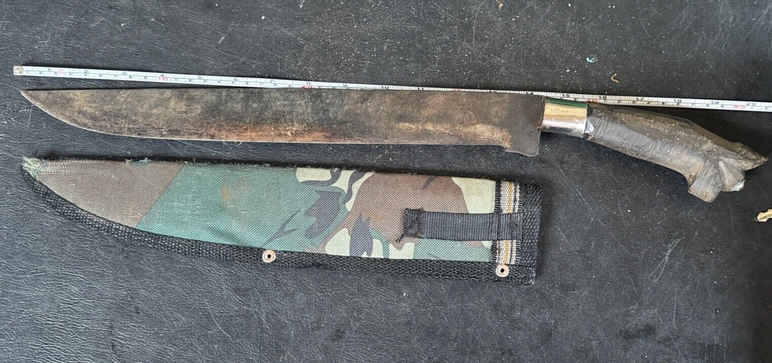 20in Custom Made Philippines Machete Knife~wood Carved W Camo Sheath As Pictured