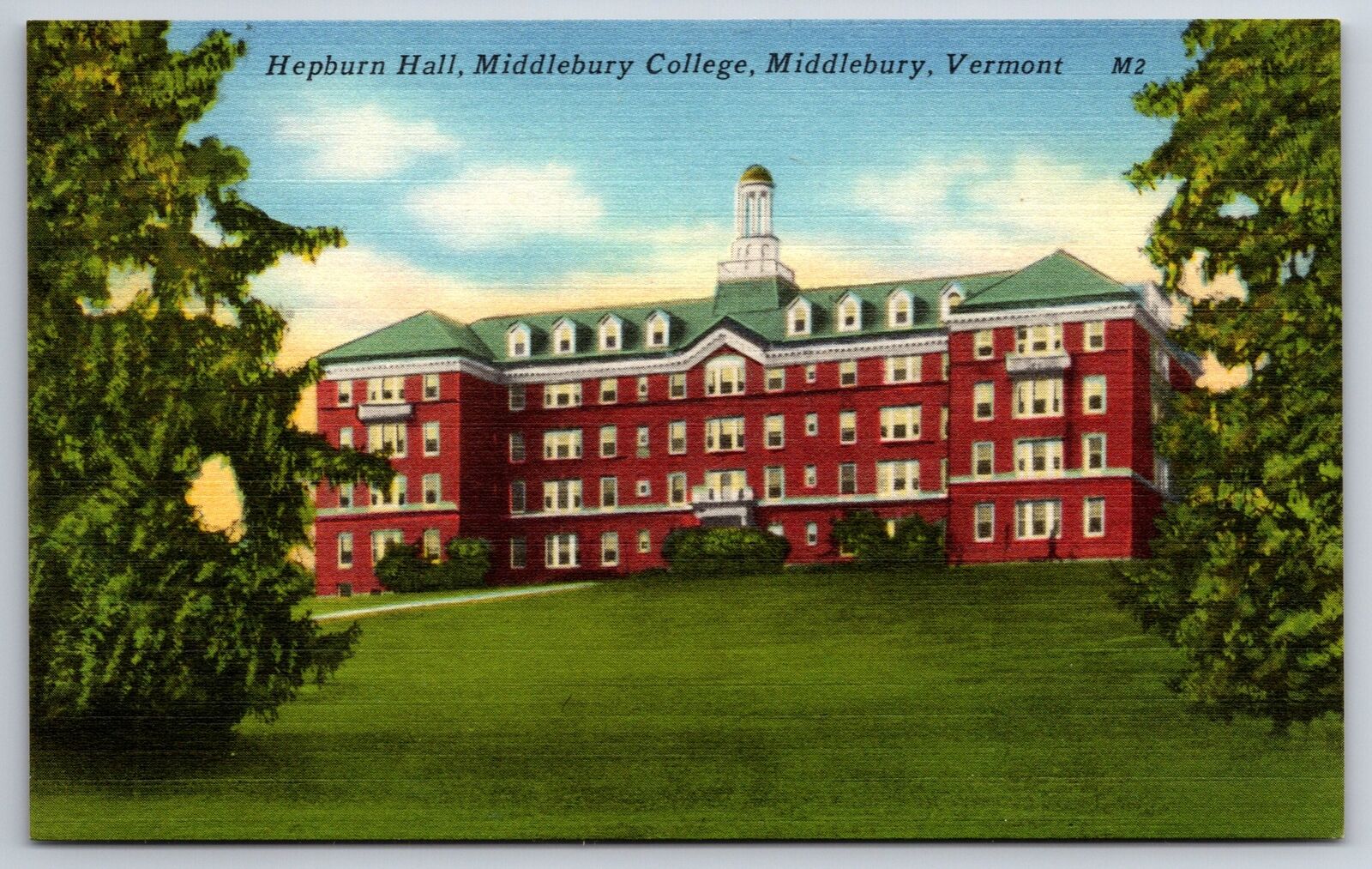 Middlebury Vermont~Middlebury College~Hepburn Hall~1940s Linen Postcard