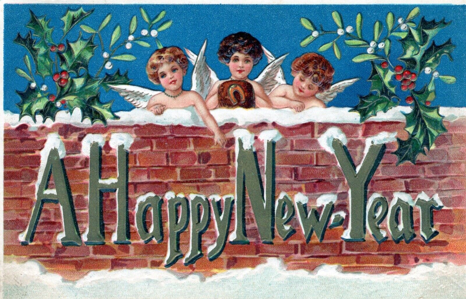 New Year\'s Postcard Three Charming Cupid Angels Wishing a Snowy Happy New Year