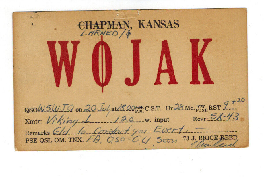 Ham Radio Vintage QSL Card     W0JAK/0   1952   Larned, Kansas