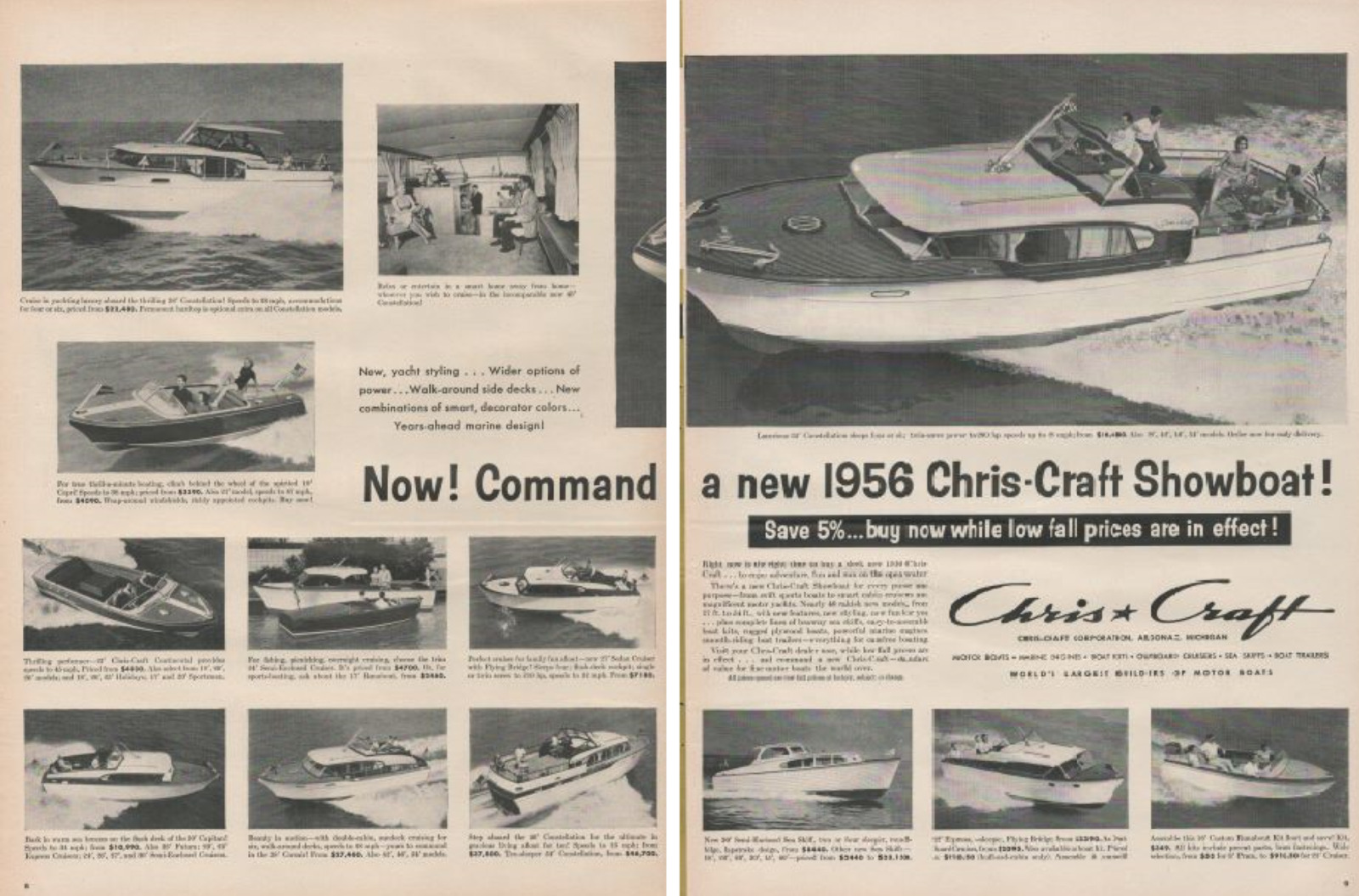 1955 Chris Craft Now Command a New 1956 Chris-Craft Showboat Print Ad 2 Page