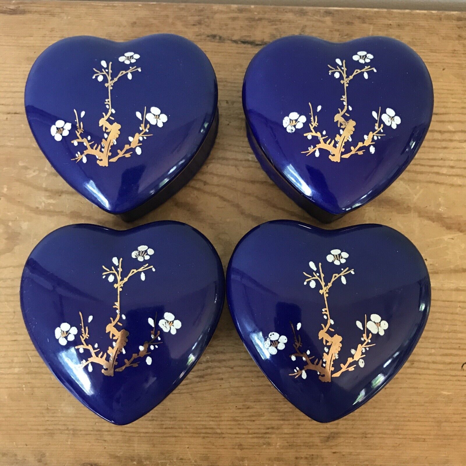 Set Lot 4 Vtg Asian Cobalt Blue Porcelain Cherry Blossom Heart Jewelry Boxes