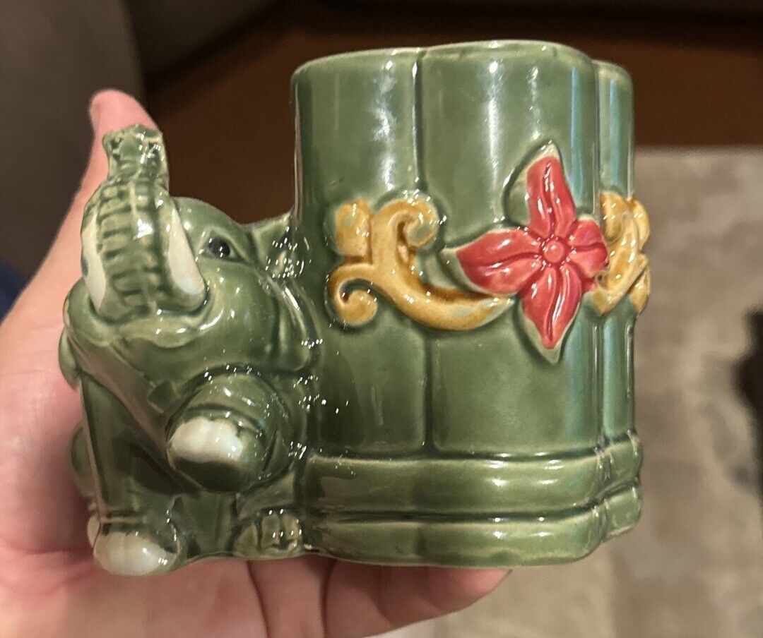 Vintage Ceramic Elephant Mini Planter Green