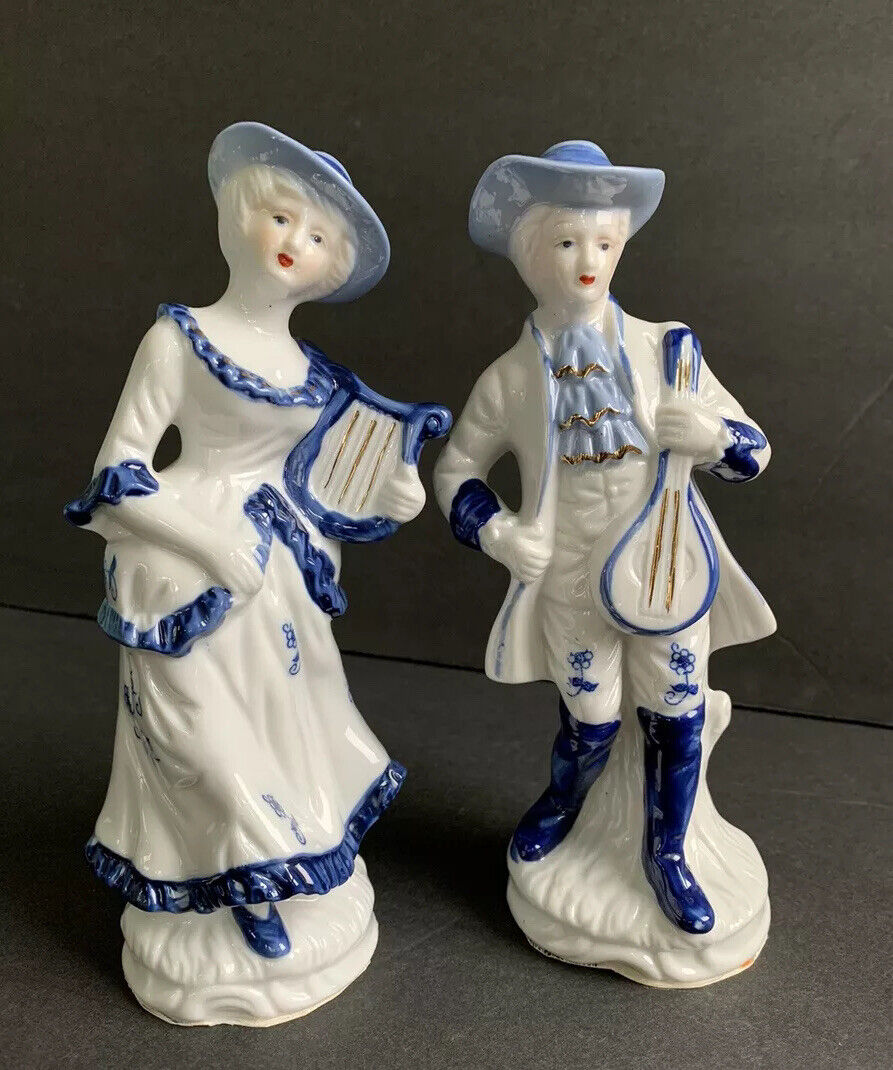 Vintage Porcelain Victorian Figurines Mandolin Man & Harp Woman Couple Gold Trim