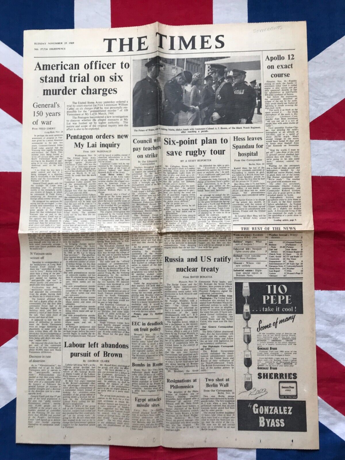 1969 Newspaper US Army William Calley Springboks Rugby Rudolf Hess Apollo 12