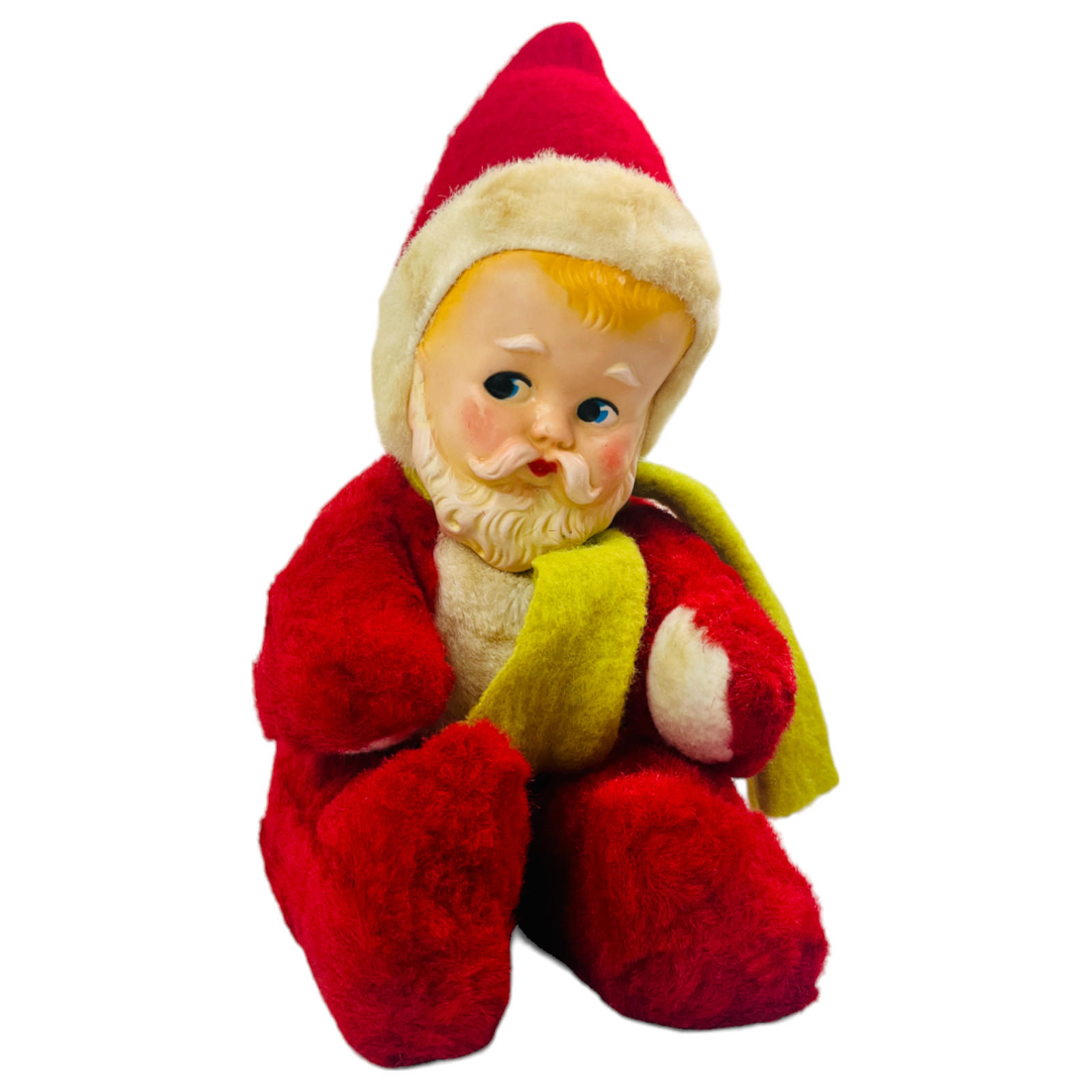 Vintage Knickerbocker Rubber Face Baby Santa Plush Christmas Toy Green Scarf HTF