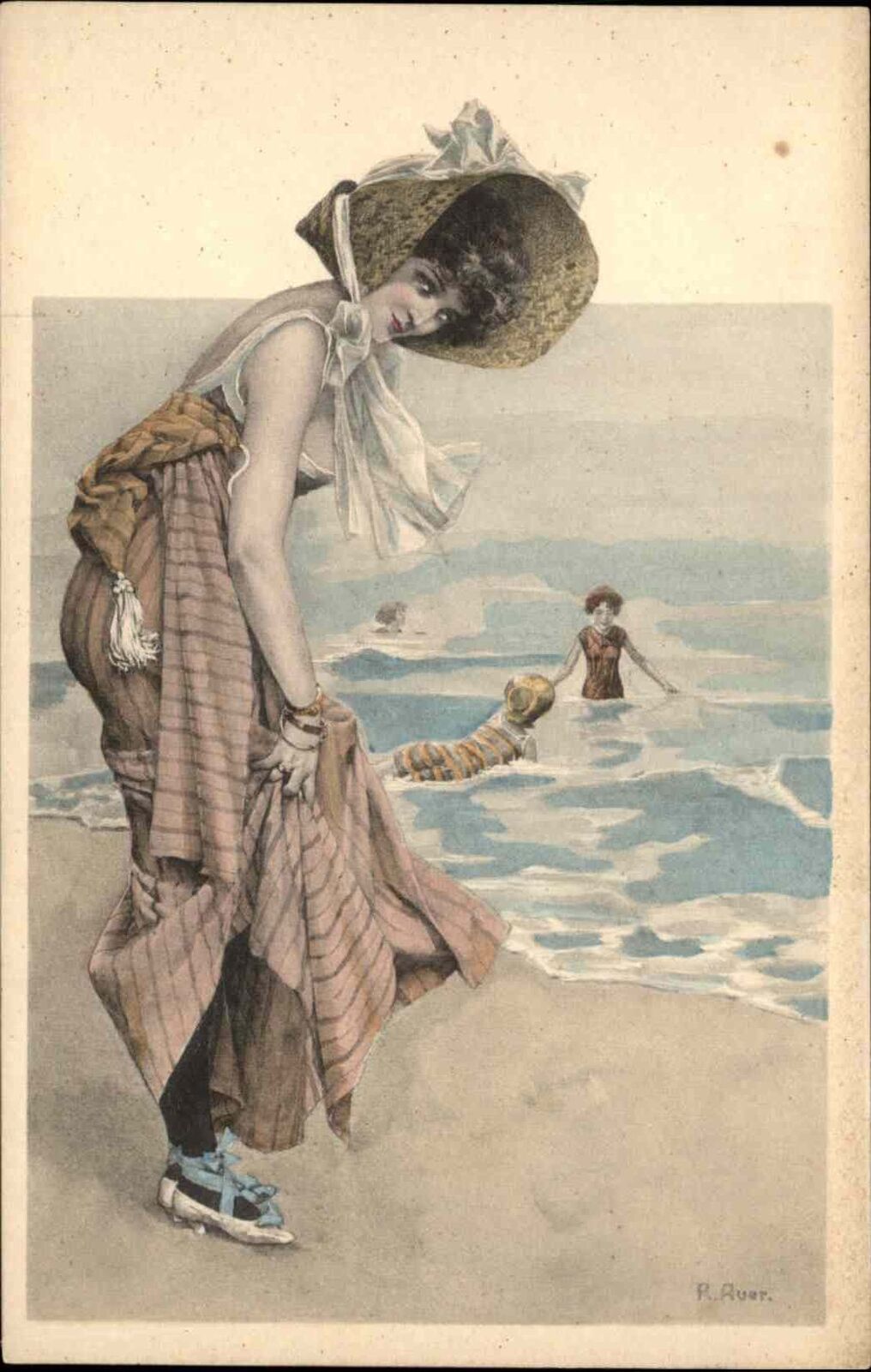 R. Auer Bathing Beauty Beautiful Woman Seaside c1910 Vintage Postcard