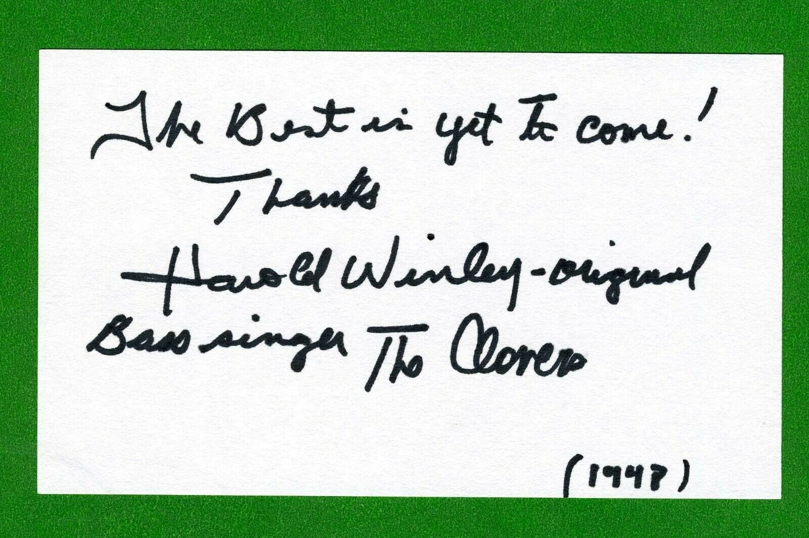 Harold Winley Original Bass Singer \'The Clovers\' signed 3x5 Index Card C17187