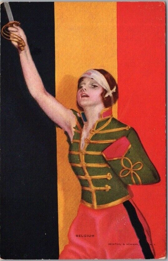 c1910s Pretty Lady Postcard BELGIUM One-Armed Girl / Flag / Military Uniform