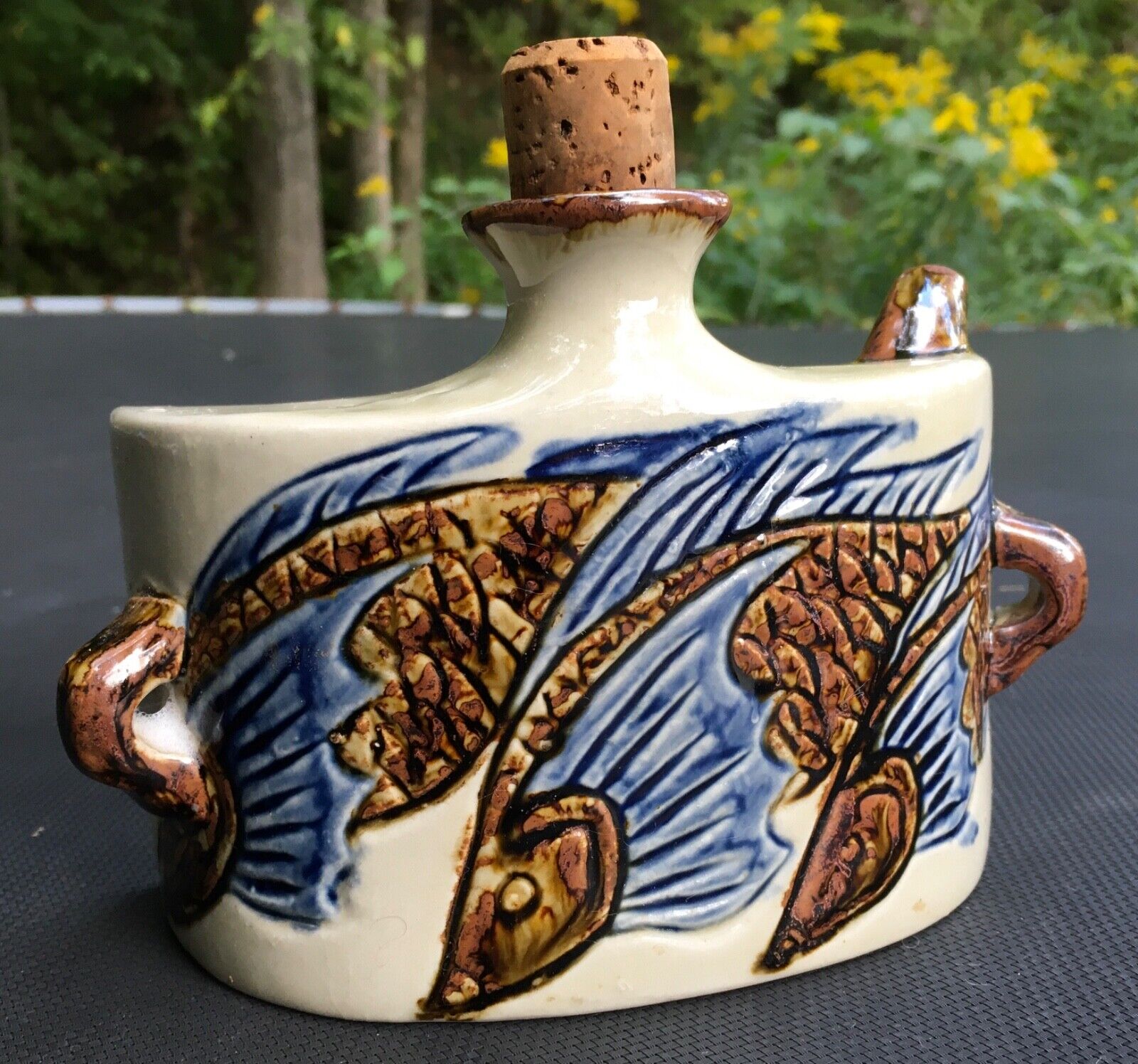 art pottery Japanese Okinawan Dachibin Hip Flask w/ FISH sake