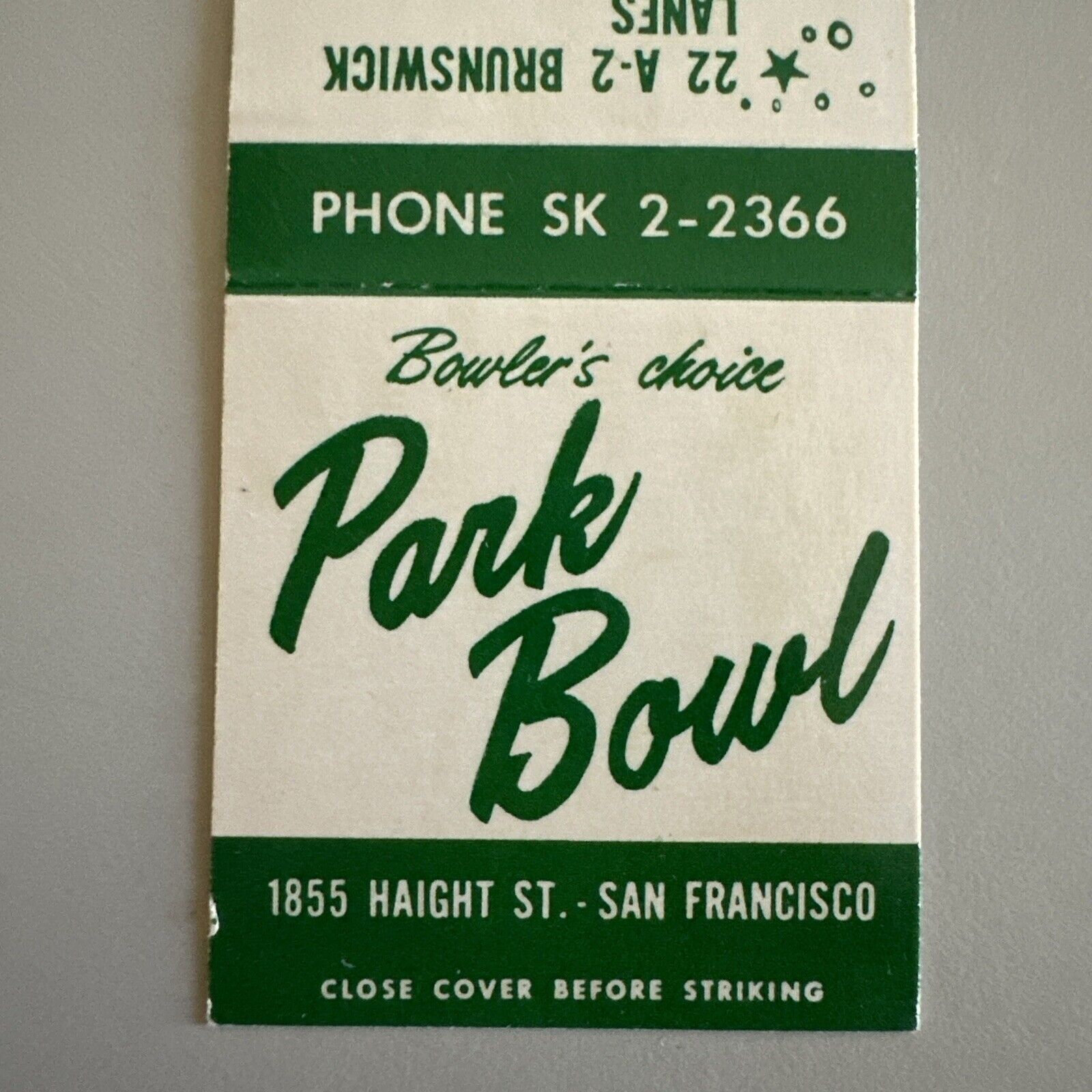 Vintage 1950s Park Bowl San Francisco Bowling Alley Matchbook Cover Midcentury 