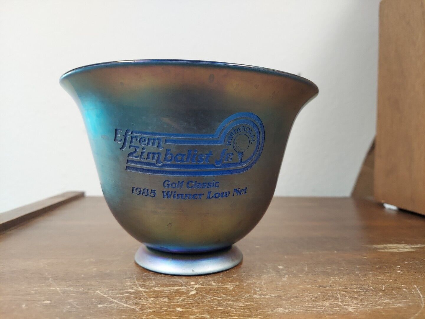 Correia Blue Aurene Art Glass Bowl Efrem Zimbalist Jr Golf Classic Award 1985 