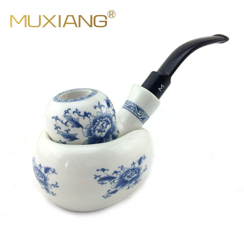 Chinese Ceramic Tobacco Pipes Bent Stem Porcelain Pipe Rack Stand 9mm Filter