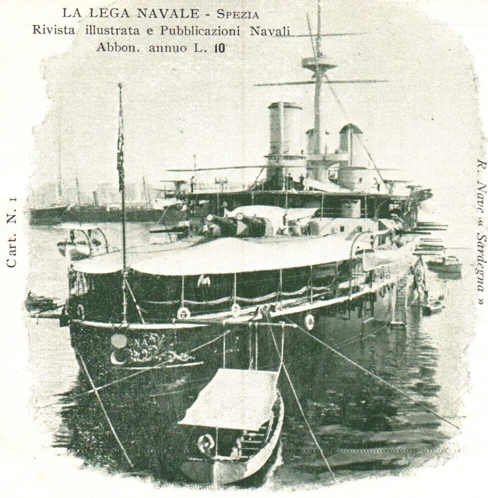 Postcard Italian Royal Navy Cruiser Sardegna in Harbor