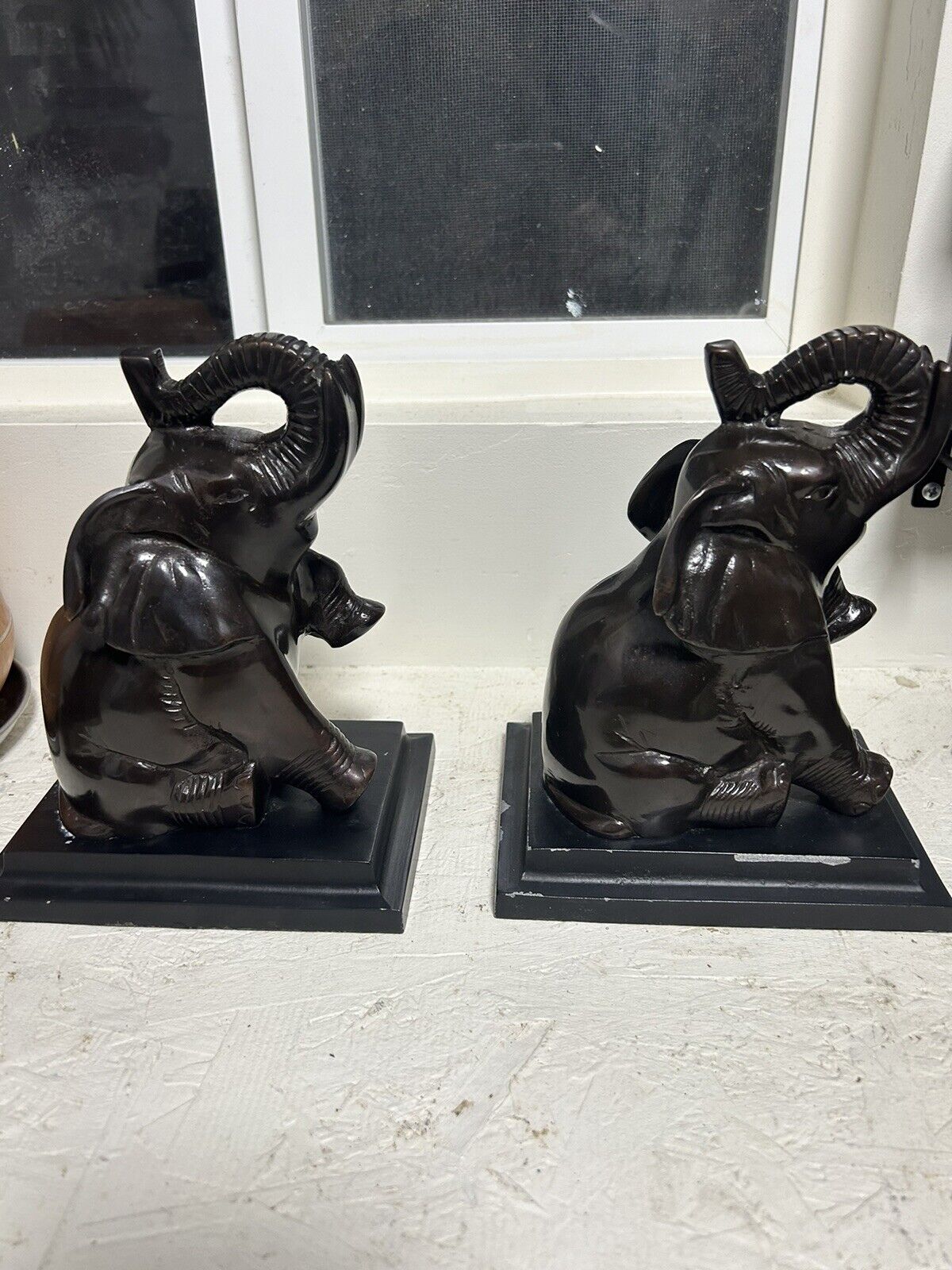 Vtg Pair ART DECO Baby Elephant Bookends Book Ends Bronzed Metal Made in India