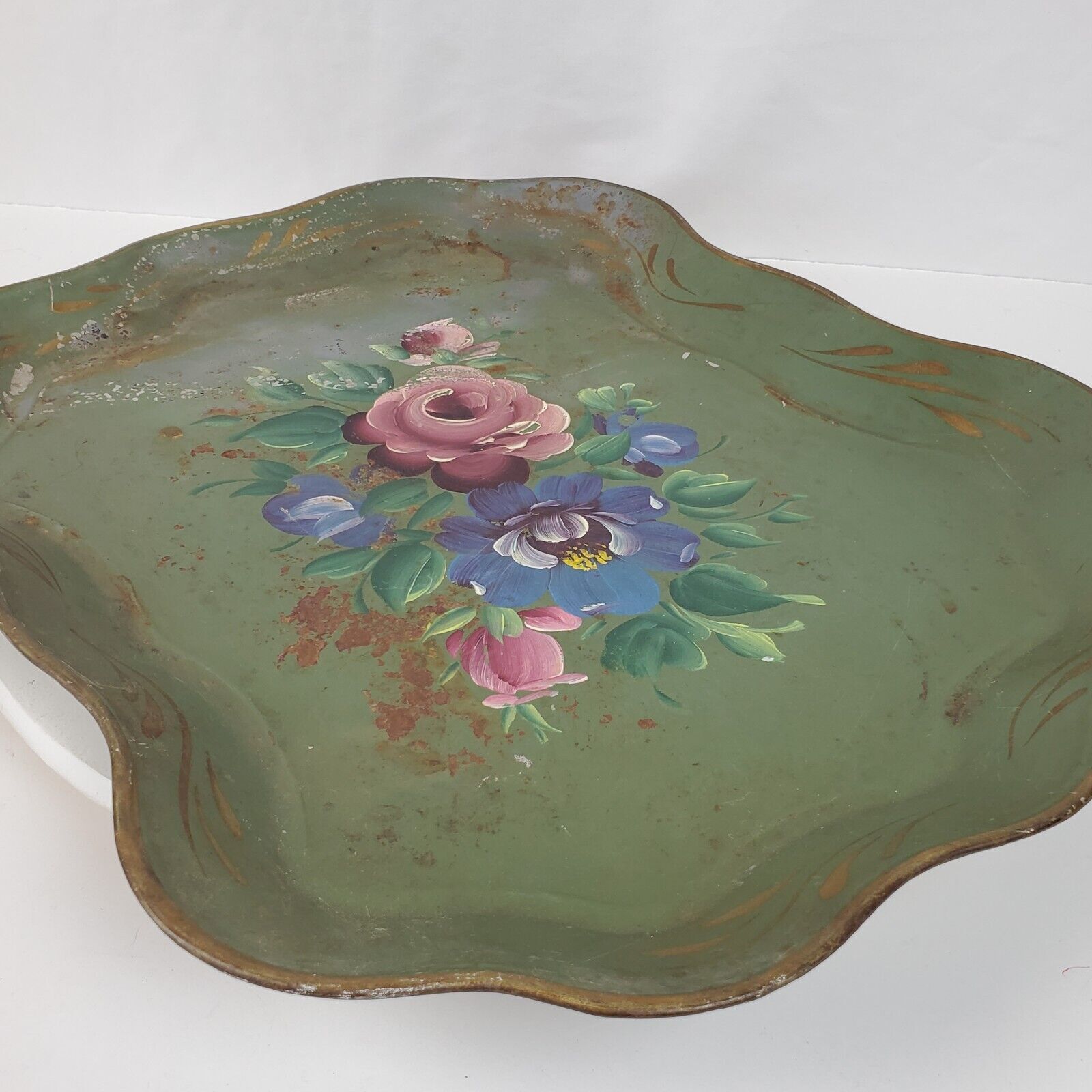Vintage Nashco Metal Serving Tray Hand Painted Floral 17x14 Inch Mid Century