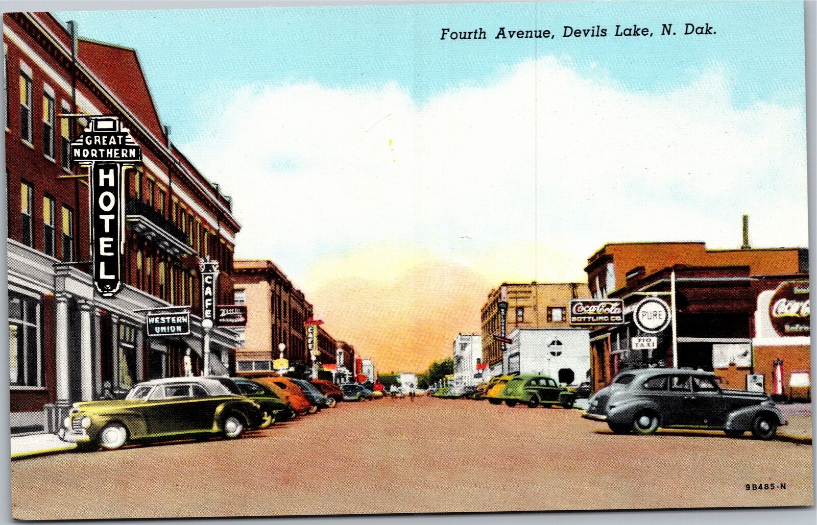 Postcard ND Devil\'s Lake - Fourth Avenue - Coke Pure Gas Western Union