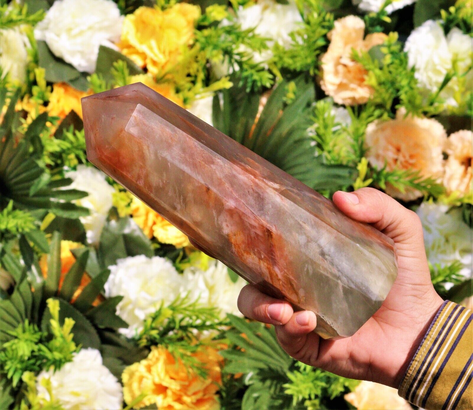 Large 210MM Natural Green & Red Pampas Onyx Healing Power 8 Faceted Obelisk