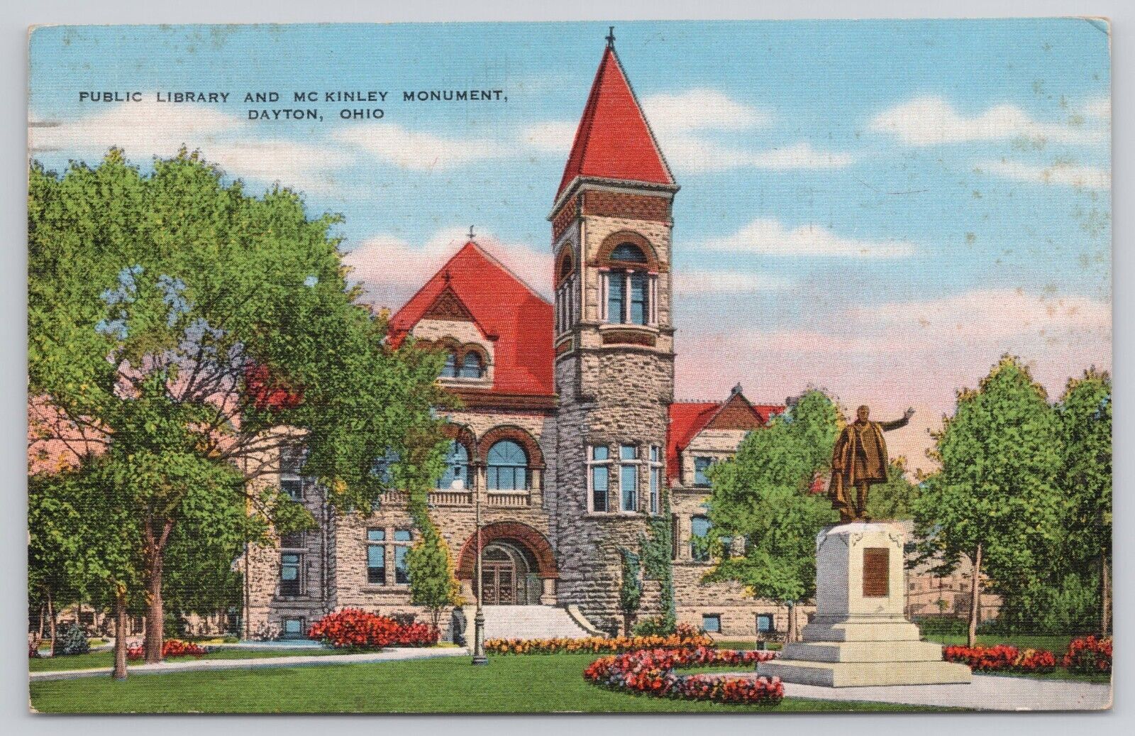 Dayton OH Ohio Public Library and McKinley Monument Vintage 1944 Linen Postcard