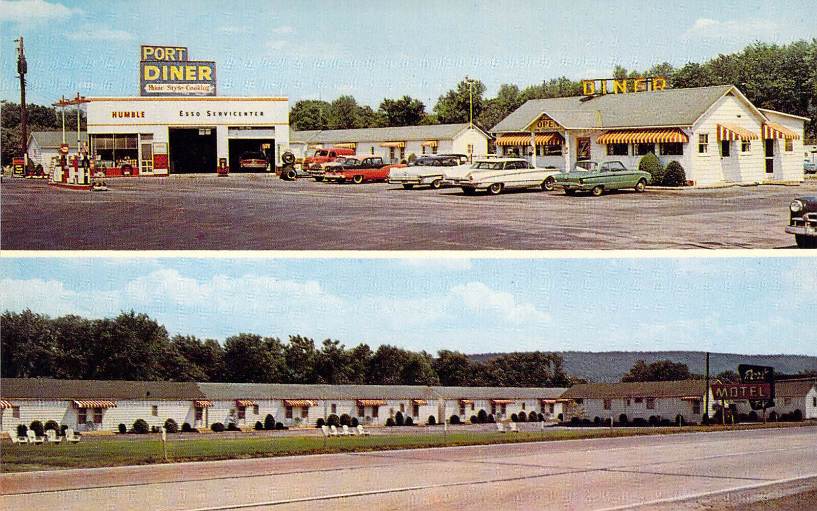 1961 PA Port Trevorton - Diner Esso Gas Station Trailer Park Mint postcard A31