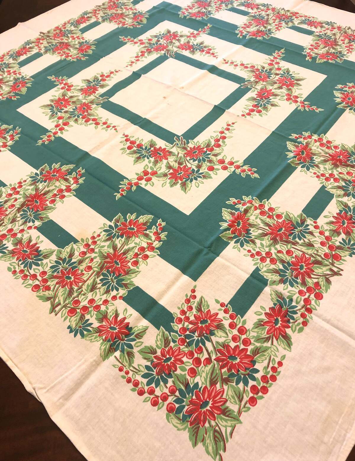 Vintage Tablecloth Red Green Floral Print