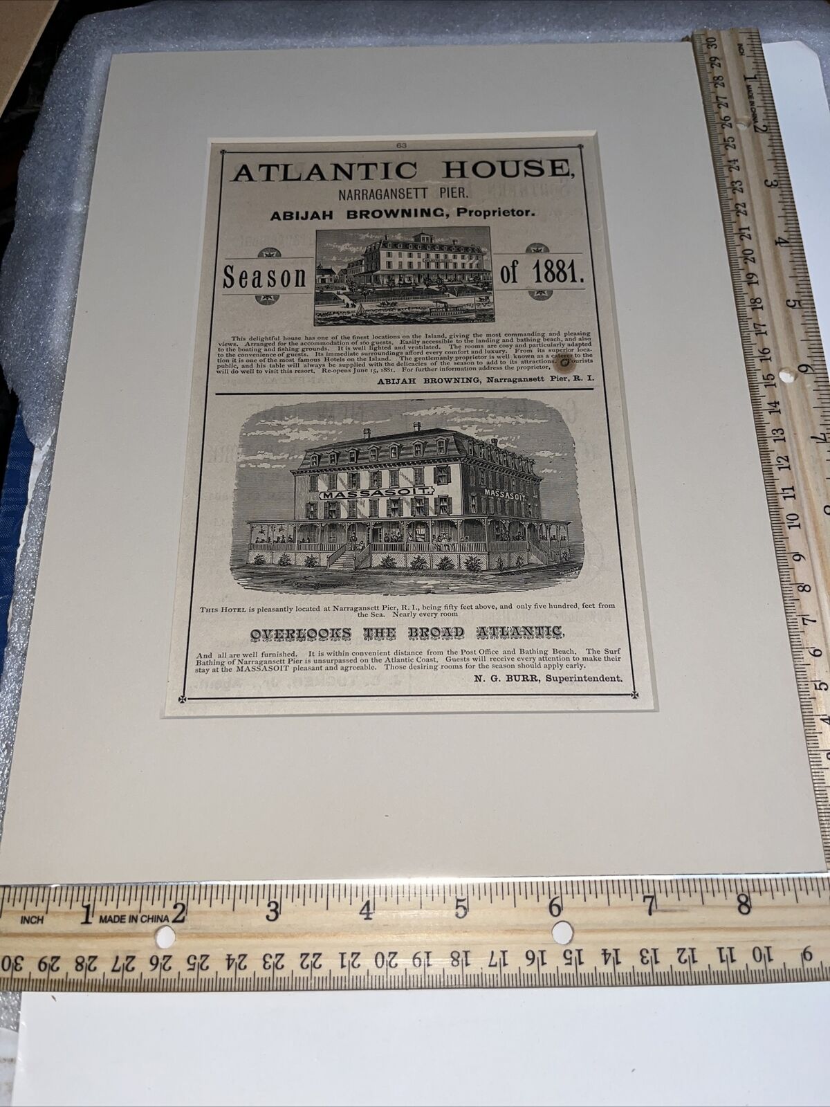 Vintage Matted Ad: Atlantic House Narragansett Pier 1881 Season Rhode Island RI