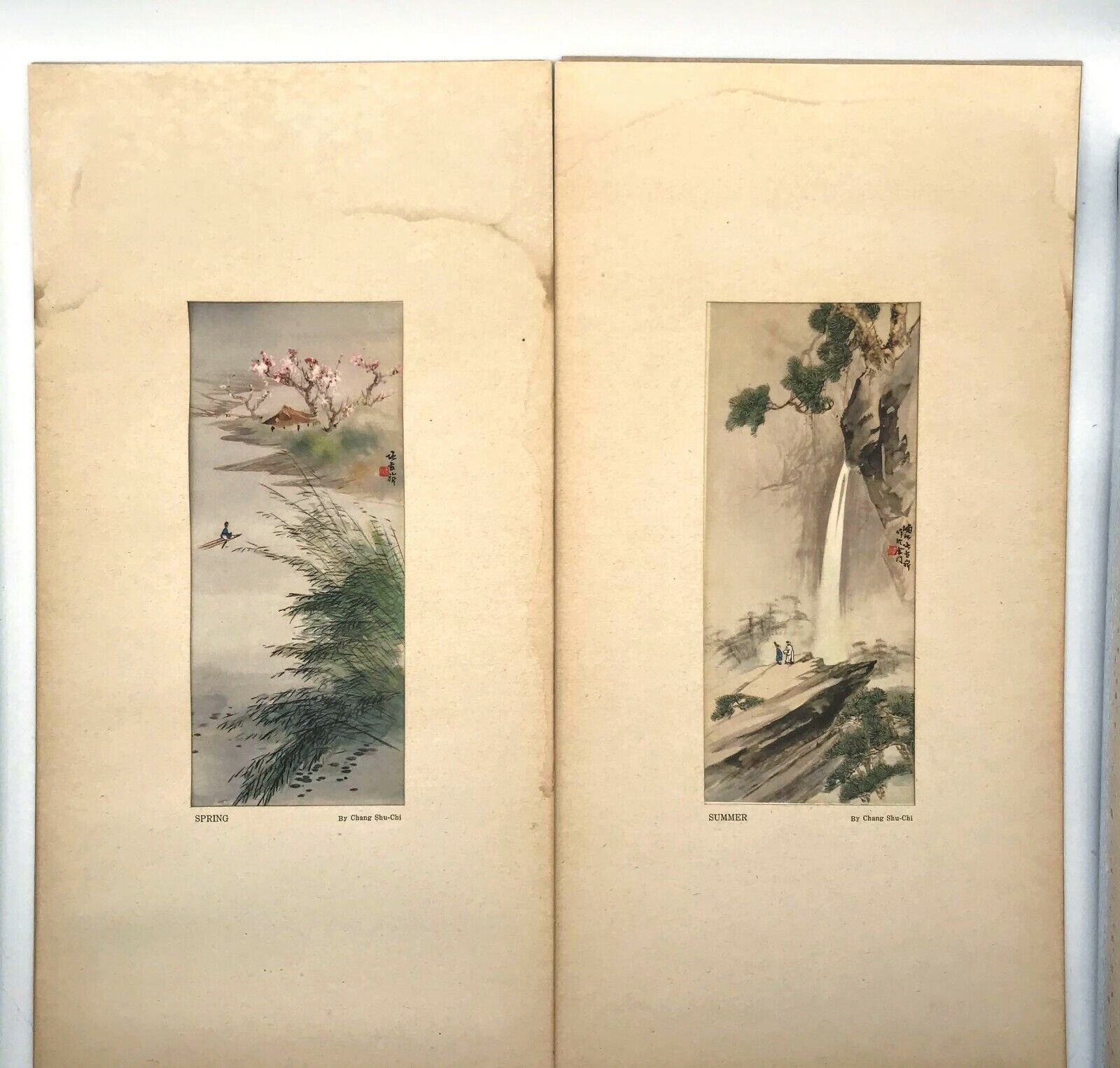 Vintage MCM Chang Shu Chi Prints Summer & Spring 7x3 SET OF TWO Chinese Wall Art