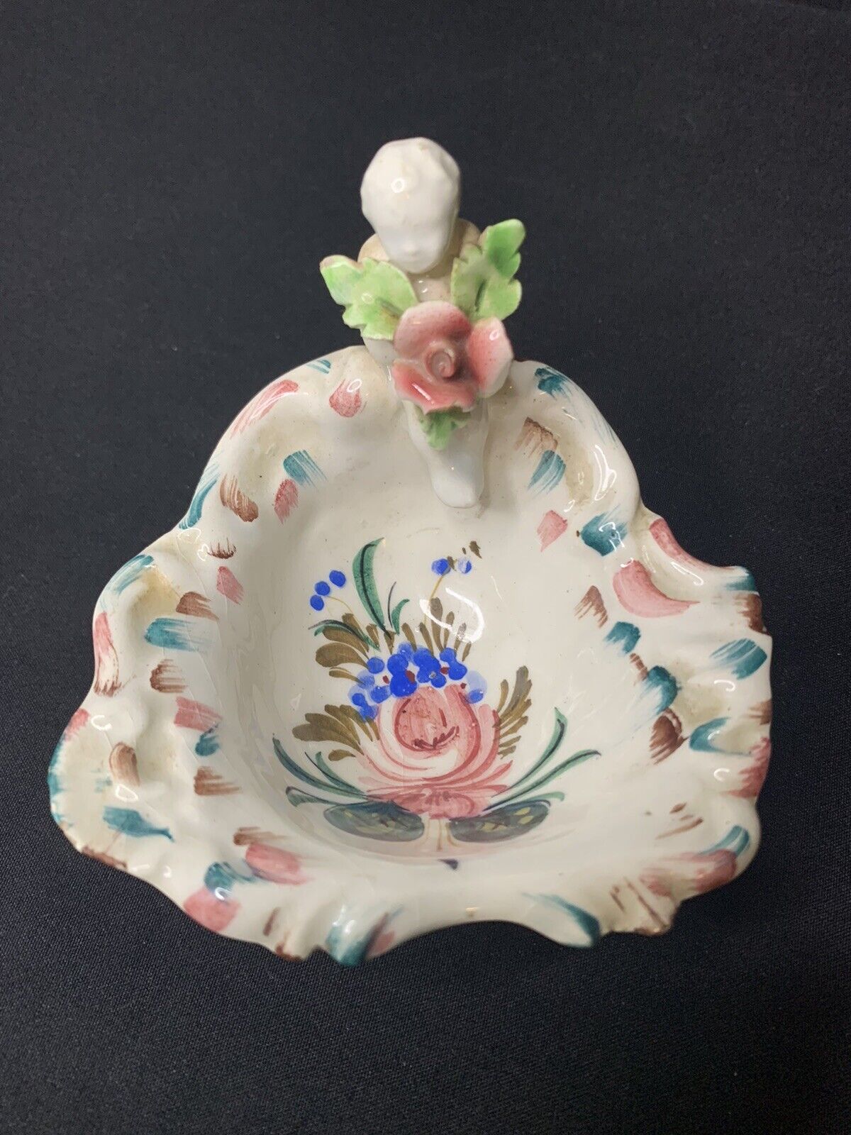 Handcrafted Italian Porcelain VTG Small Dish w/Cherub and Flowers 3.5” Wide