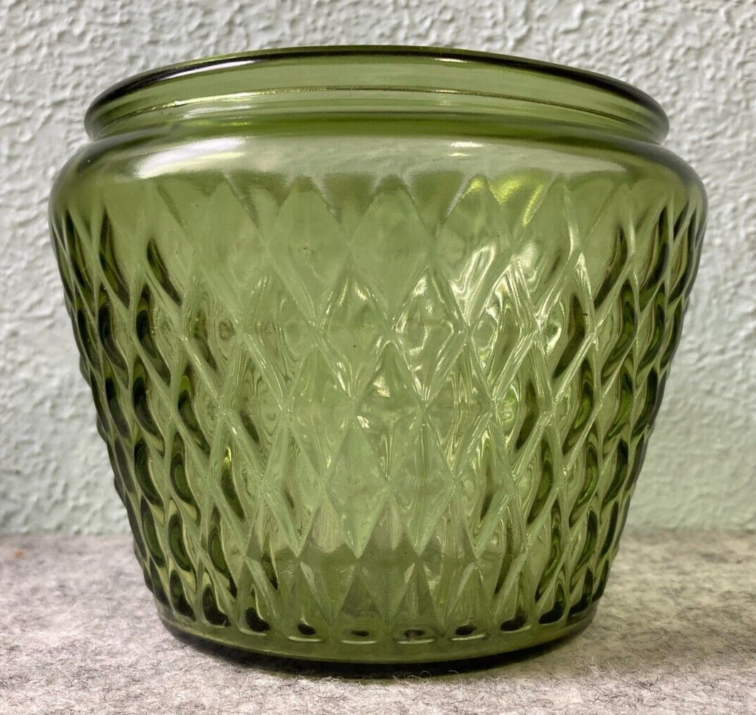 Vintage Mid Century Modern Olive Green Glass Diamond Planter Bowl Vase