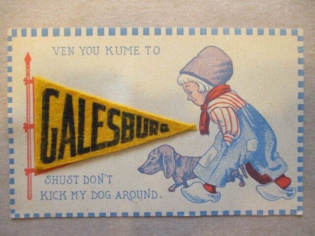 Galesburg Illinois w/ real felt pennant dated 1913 vintage K & T Postcard