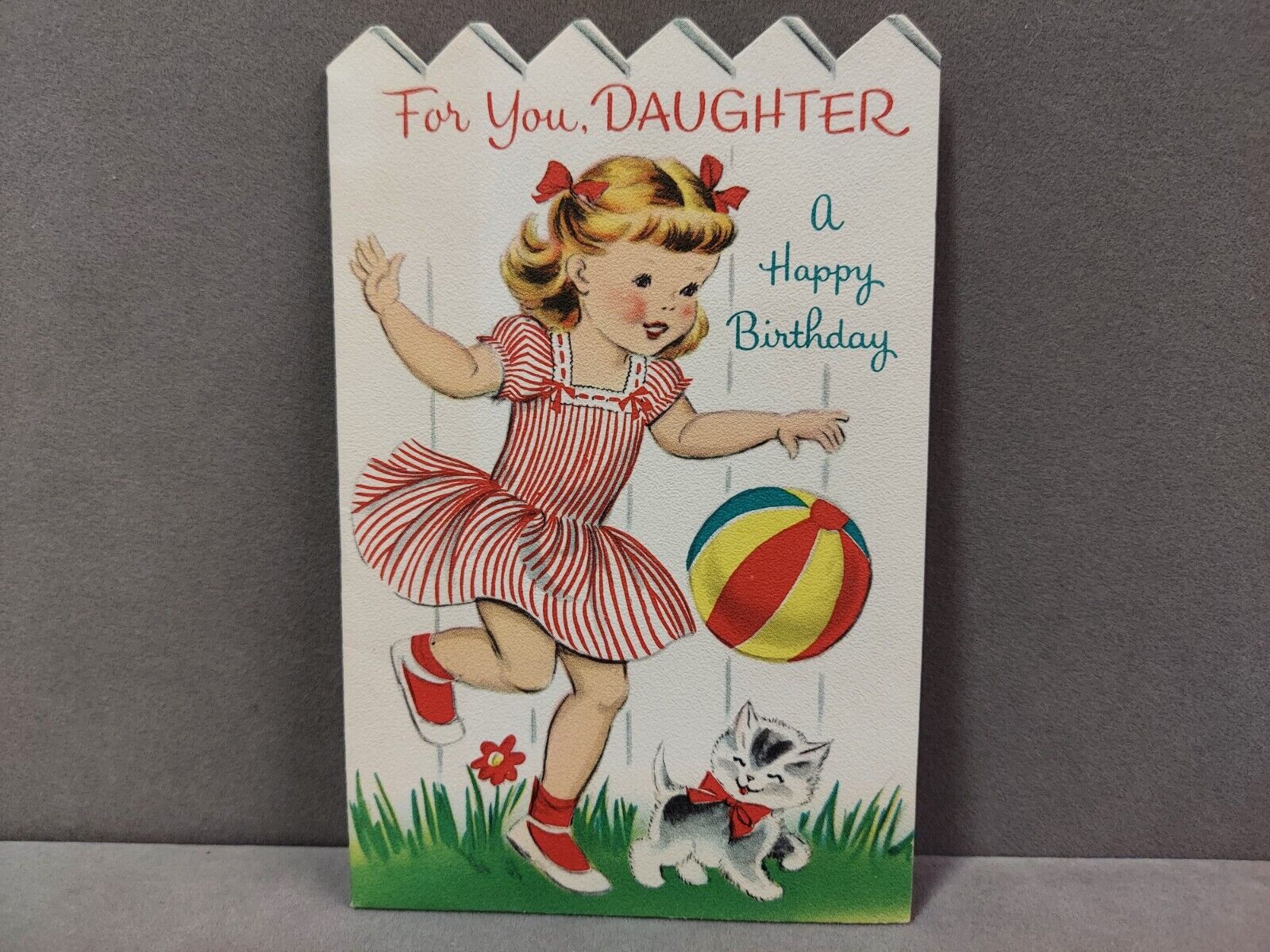 Vintage Die Cut Birthday Card 1950s Girl Kicking A Ball Used Norcross Card