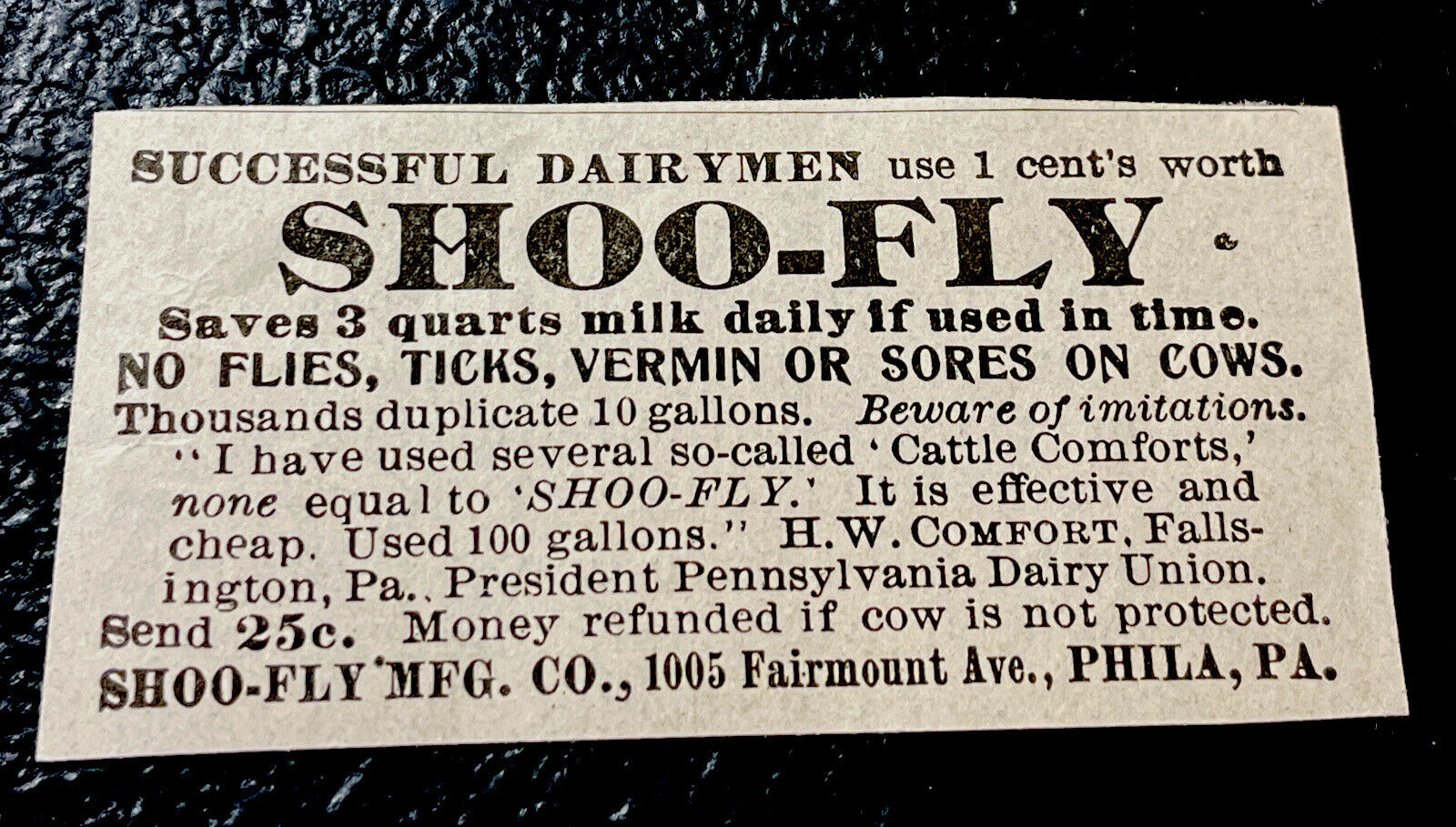 ORIGINAL 1899 Shoo-Fly Cow Farm Advertising - Philadelphia