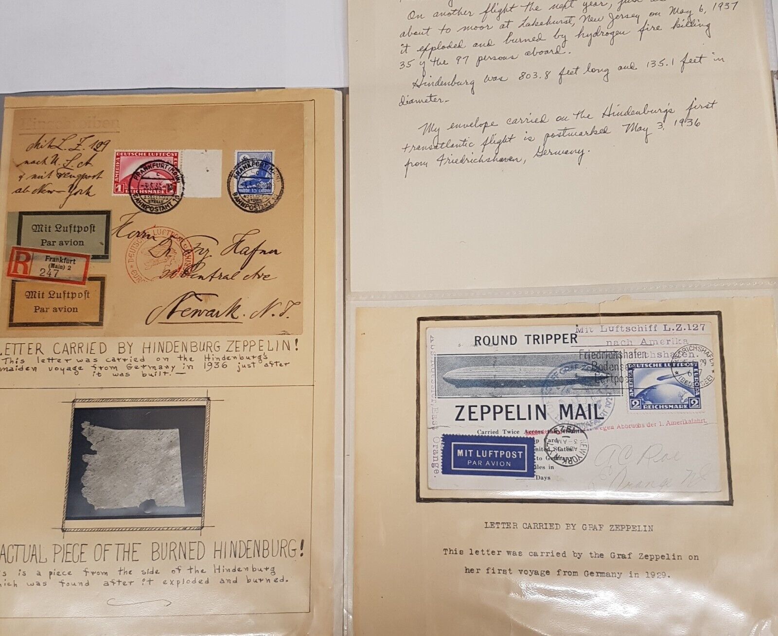 HINDENBURG ZEPPELIN  Burned Cloth Skin, Mailed Zeppelin Covers  READ 