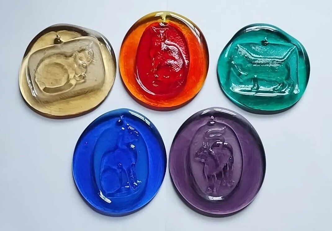 5 Cat-Themed Pressed Glass Sun Catchers in Beautiful Colors Stunning & N. Mint