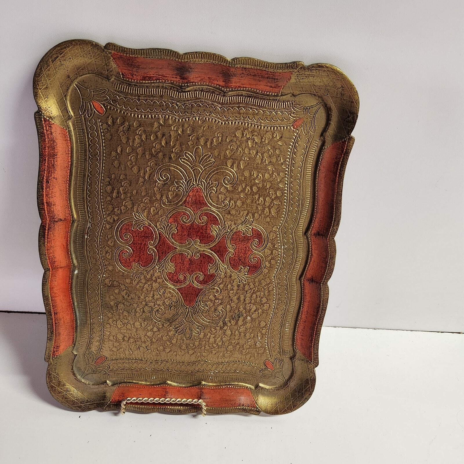 Vtg Red/Gold Oblong Toleware Tray Italy 14.5\