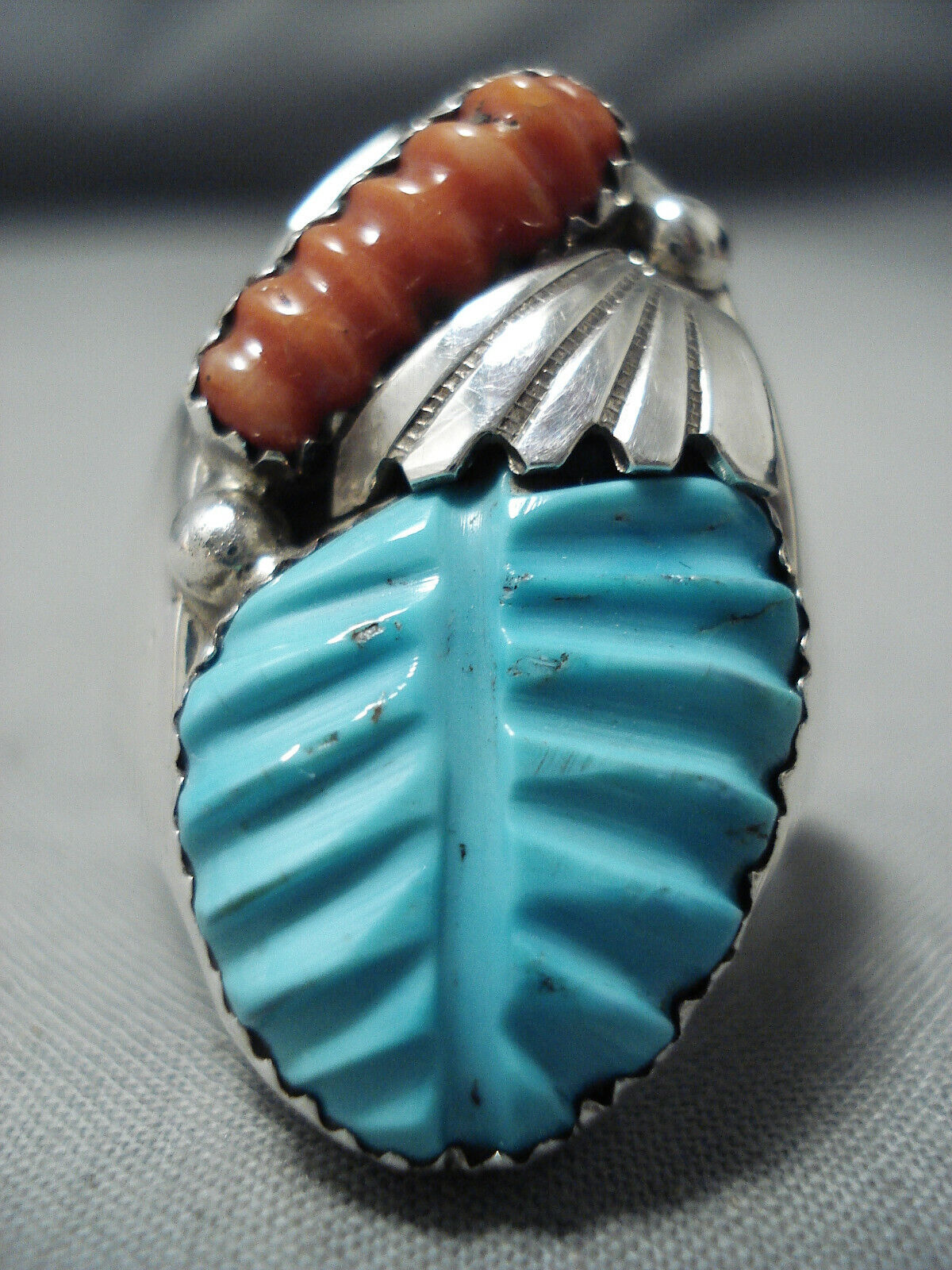 EXCEPTIONAL ZUNI CARVED TURQUOISE CORAL STERLING SILVER RING